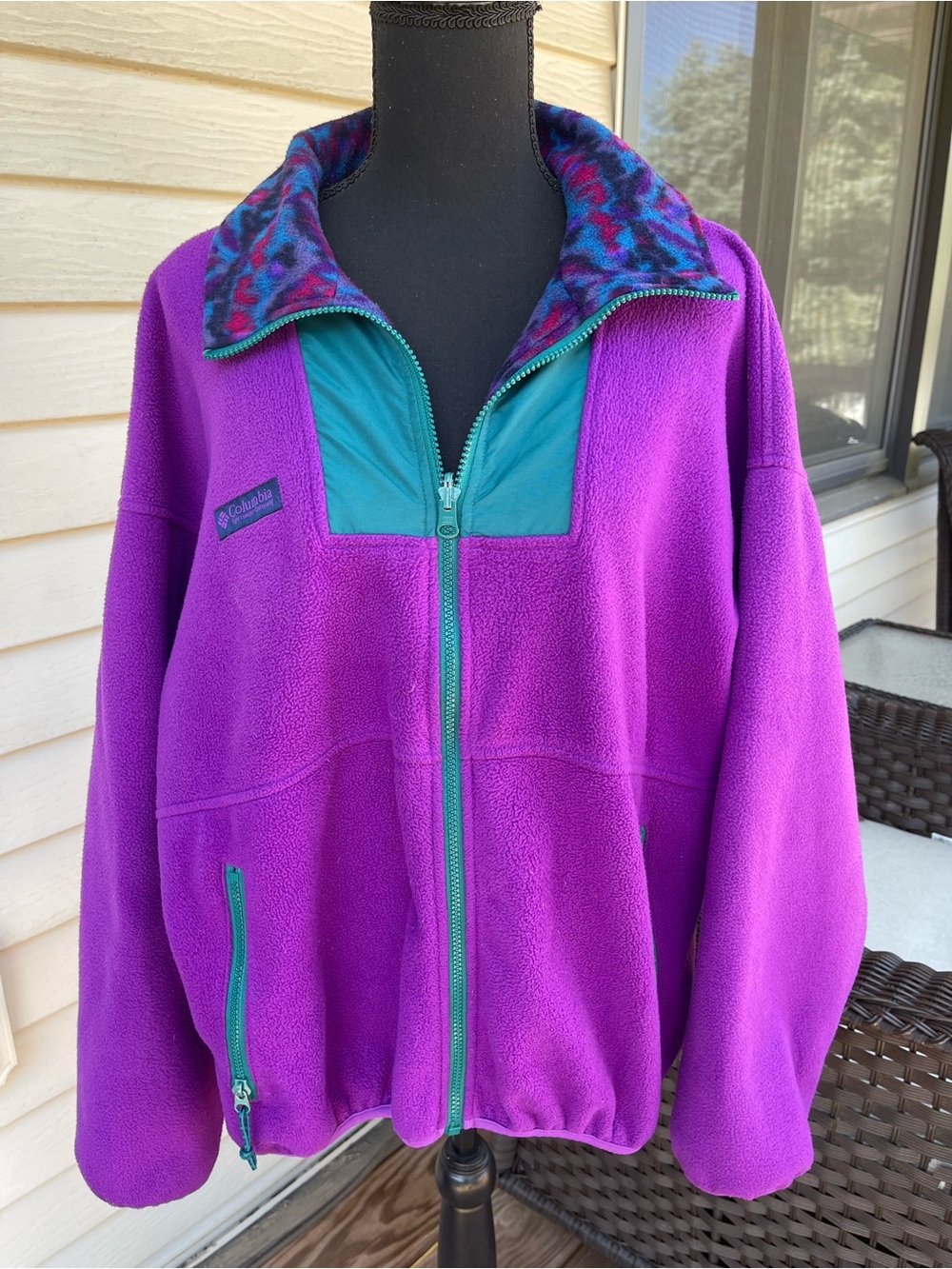 Vtg 90s Columbia Purple Teal Aztec Trim Zip Up Fleece Outdoor Jacket Sz Large
